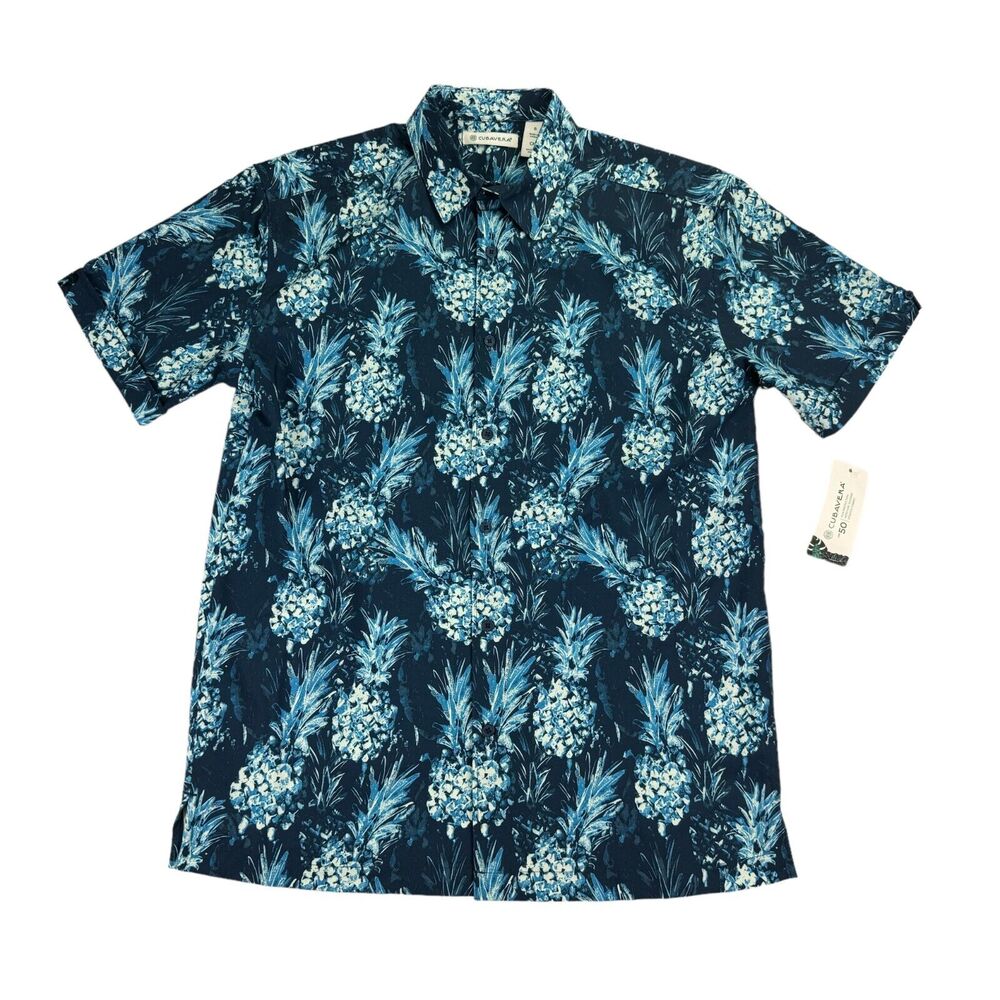 Cubavera Mens Moisture Wicking Stretch Pineapple Button Down Shirt Blue S